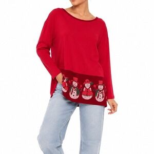 Cite Snowman Top Womens XL Red Velvet Hem Sequin Beaded Long Sleeve Festive USA